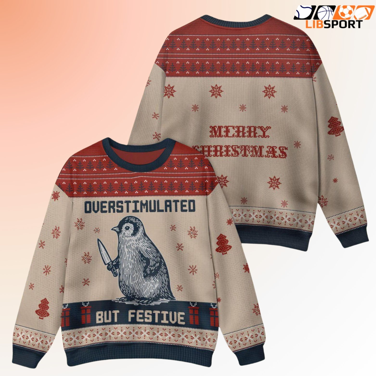 Penguin Ugly Christmas Sweater, Overstimulated Festive Holiday Jumper, Funny Friendsmas Winter Gift
